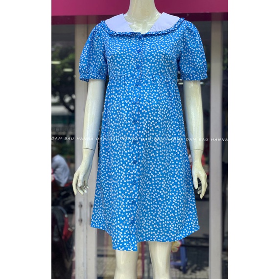 [HANNA] Đầm bầu công sở hoa nhí vải lụa cao cấp mềm mát không nhăn có size 80kg tay kiểu dễ thương dài đến gối có túi