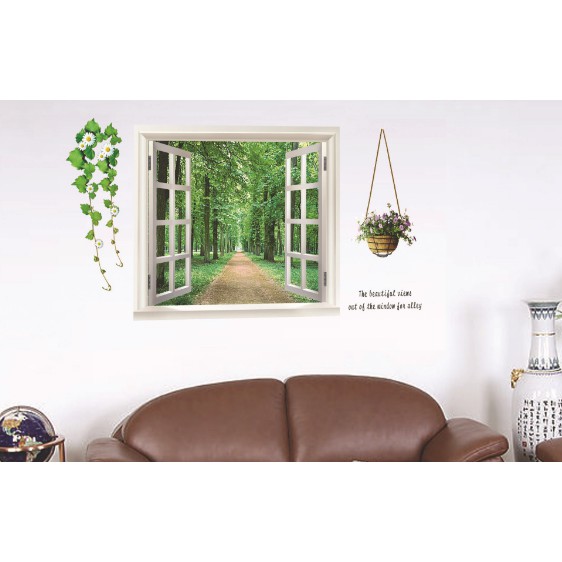 Decal trang trí cửa sổ 3D lẳng hoa cảnh con đường trong rừng xanh ( Kèm Video thật )