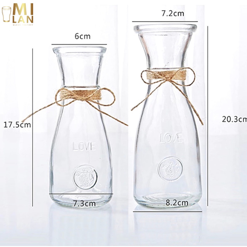 Lọ cắm hoa thủy tinh eo nhỏ 350ml và eo lớn 500ml dập nổi chữ LOVE tặng kèm 2m dây trang trí ML-E020