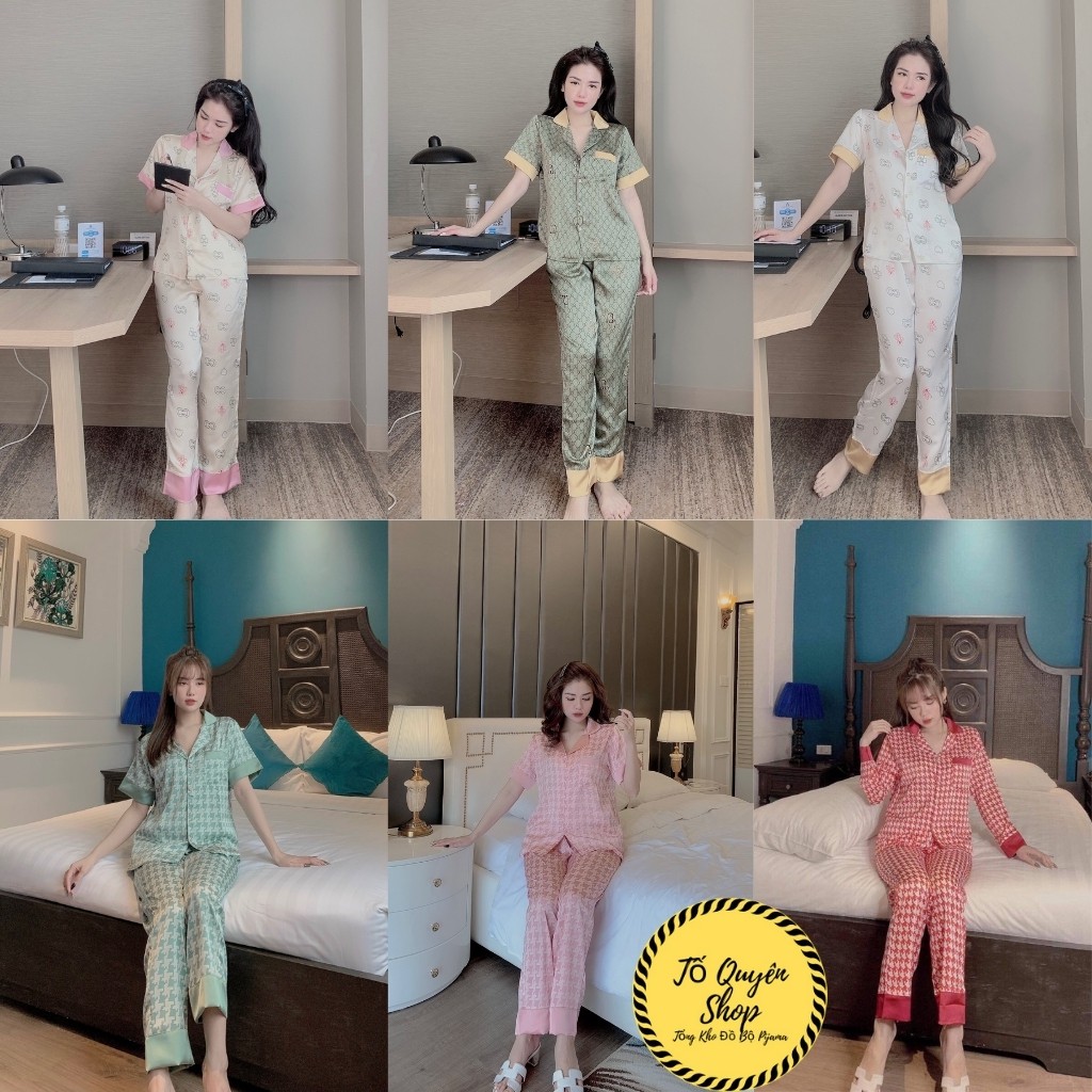 Đồ Bộ Pijama Lụa Satin 🔥FREESHIP🔥 Bộ Đồ Ngủ Quần Dài Áo Cộc Hoạt Tiết Trang Nhã Siêu Xinh -Tố Quyên Shop
