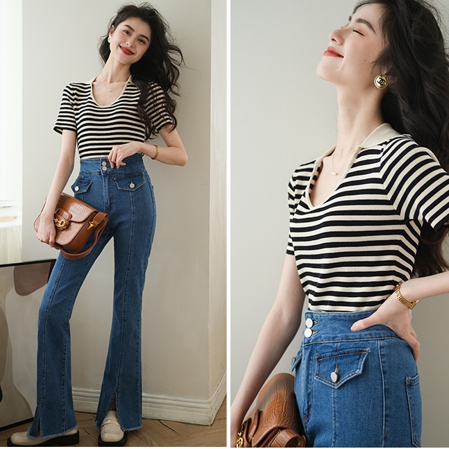 SUXI Áo Thun Ngắn Tay Cổ V Họa Tiết Sọc Ngang Đơn Giản Dễ Phối Đồ Cho Nữ