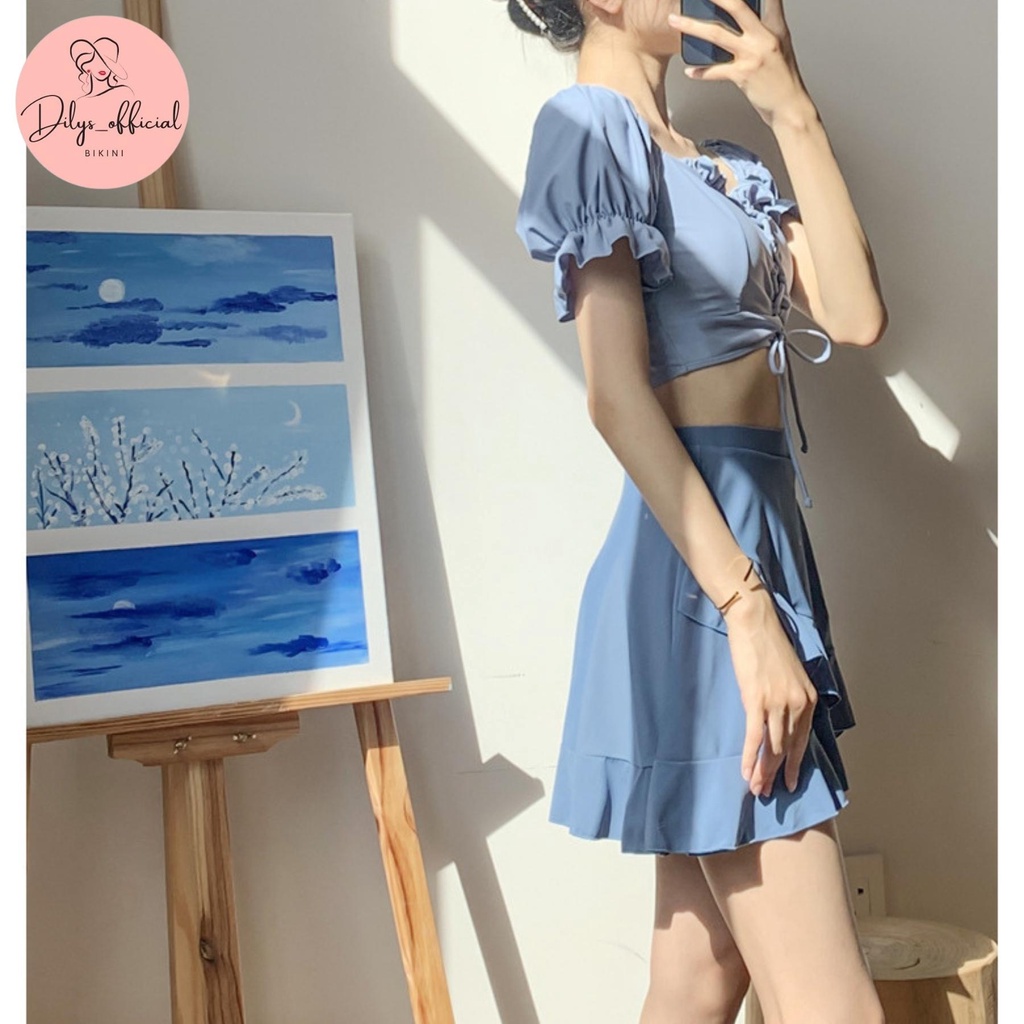 Đồ bơi nữ 2 mảnh kín đáo DILYS 8357, Bikini đi biển phong cách hàn quốc áo bèo trễ vai chân váy trẻ trung, hiện đại