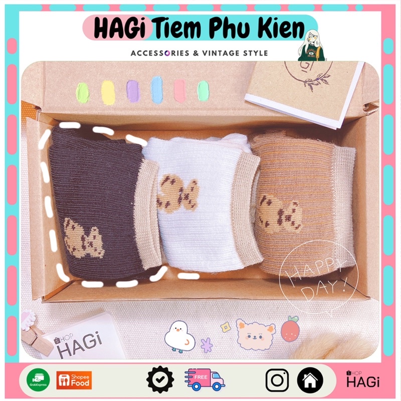 Set 3 Đôi Tất nữ Vintage Gấu teddy Phối màu Dễ thương Phong cách Hàn quốc Học sinh Sinh Viên