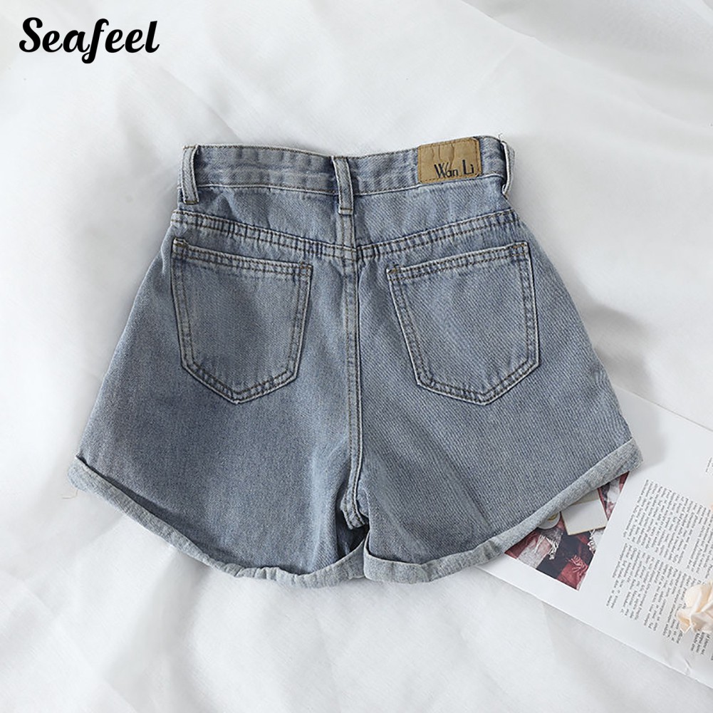 Quần Đùi Jeans Denim Lưng Cao Ống Rộng Hợp Thời Trang Cho Nữ