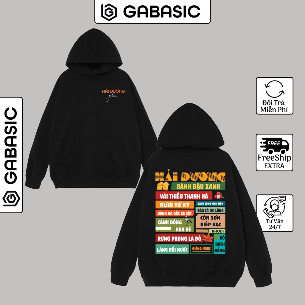 Áo Hoodie 63 Tỉnh Thành Việt Nam Nỉ Bông Unisex Nam Nữ Form Rộng GaBasic-Áo Mũ Hoodie Thu Đông Màu Đen Dày Dặn
