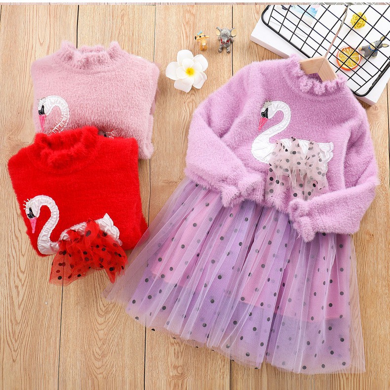 Váy công chúa thân len phối thiên nga cho bé gái lớn size 15-35kg