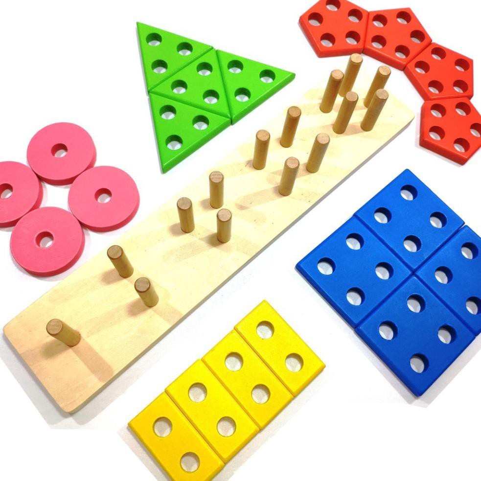 Giáo Cụ Montessori Bộ 5 Cọc Thả Hình Khối 3D