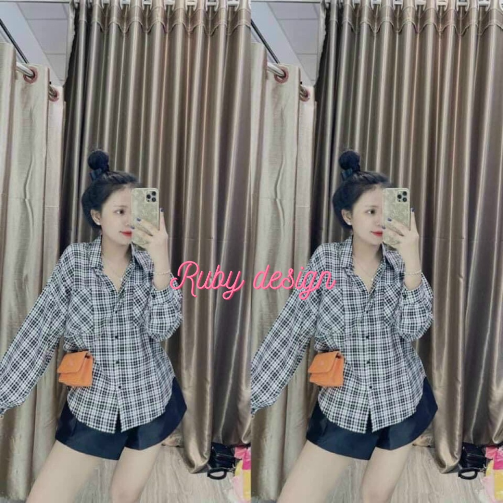 Sơ mi nữ áo sơ mi nữ caro dài tay form rộng 2 túi ngực cao cấp phong cách trẻ trung năng động đi làm đi chơi Ruby design