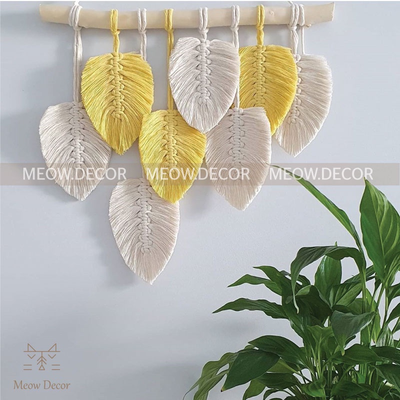 Mành macrame lá phối 2 màu xinh xắn treo tường trang trí phòng ngủ, homestay, quán cafe