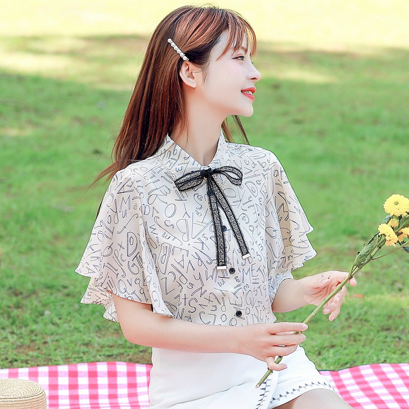Áo sơ mi chiffon tay ngắn phối bèo in họa tiết phong cách mùa hè Hàn Quốc cho nữ