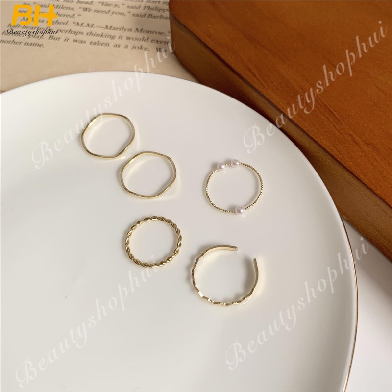 Set 5 Nhẫn Đeo Tay Gợn Sóng Đơn Giản Thời Trang