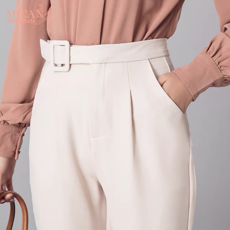 Quần baggy đai vuông vải công sở phối cúc bấm lệch phải mặc đi học làm - Màu Đen Kem - Vải dày dặn - Phối áo sơ mi đẹp