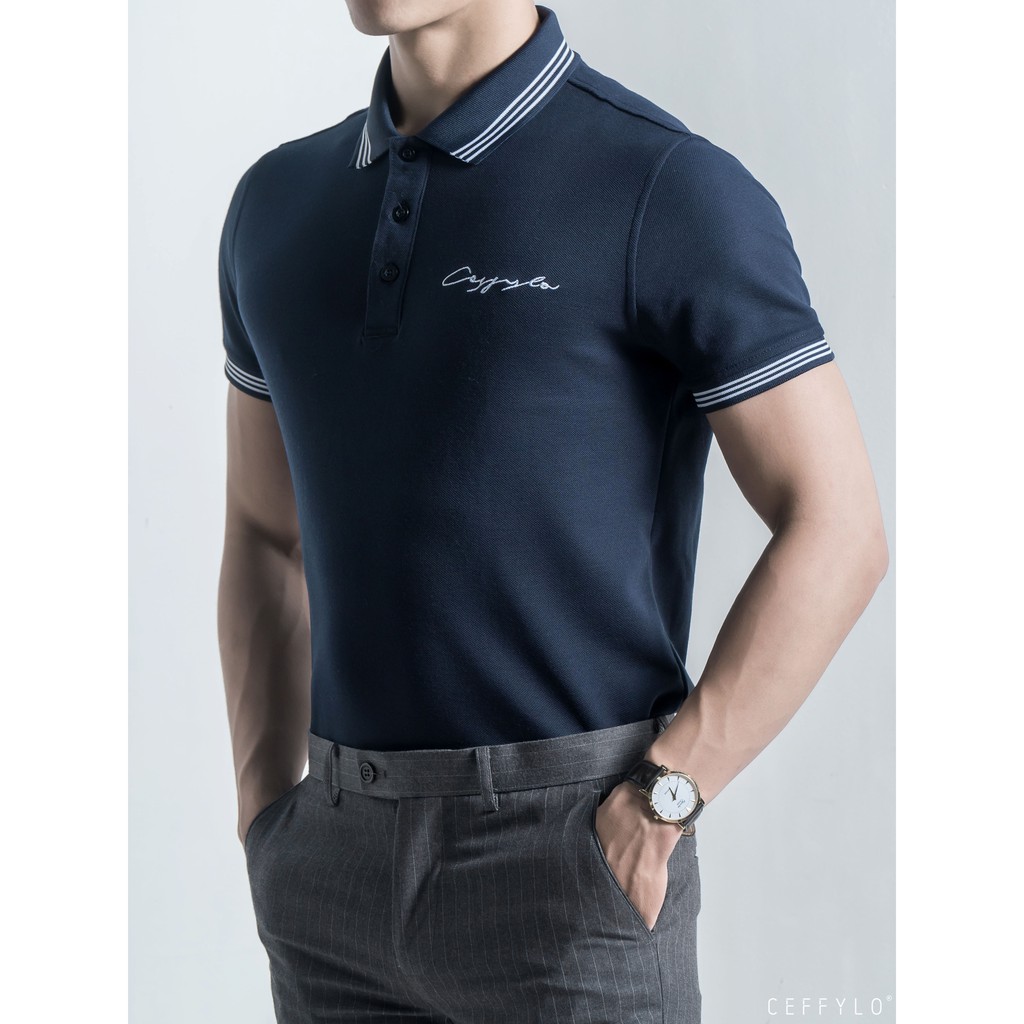 Áo Polo Ngực Thêu Chữ Xanh Đen vải Cotton mềm mịn CEFFYLO
