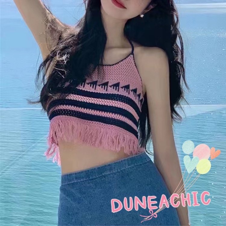 DUNEA Áo Hai Dây Kẻ Sọc Phối Tua Rua Thời Trang Cho Nữ
