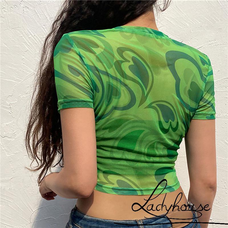 Áo croptop tay ngắn cổ tròn in họa tiết trái tim thời trang xuân hè cho nữ