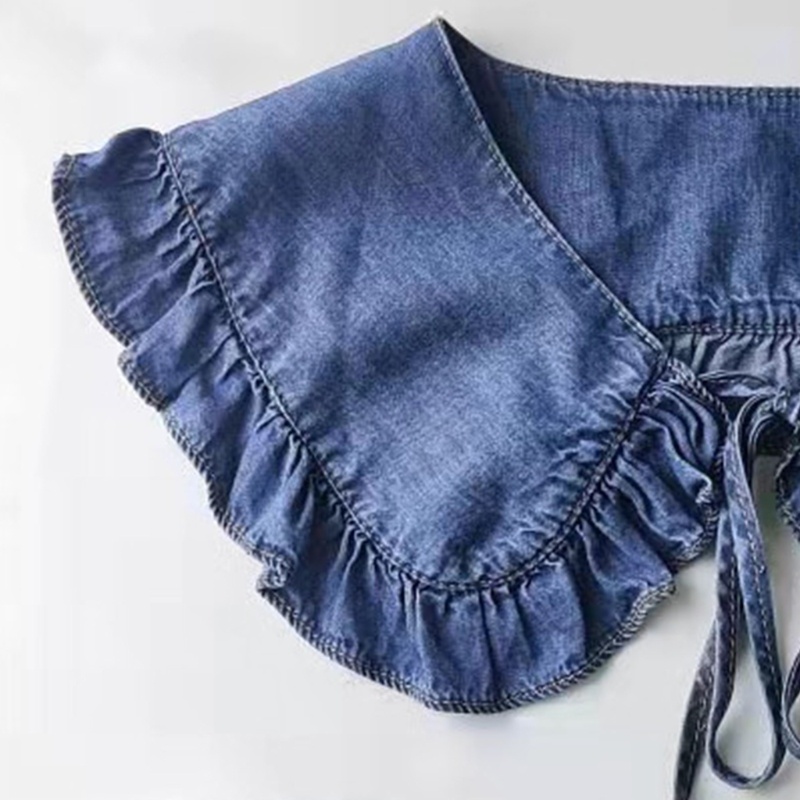 Khăn Choàng Cổ Giả Vải Denim Phối Bèo Cột Dây Phong Cách Vintage Cho Nữ