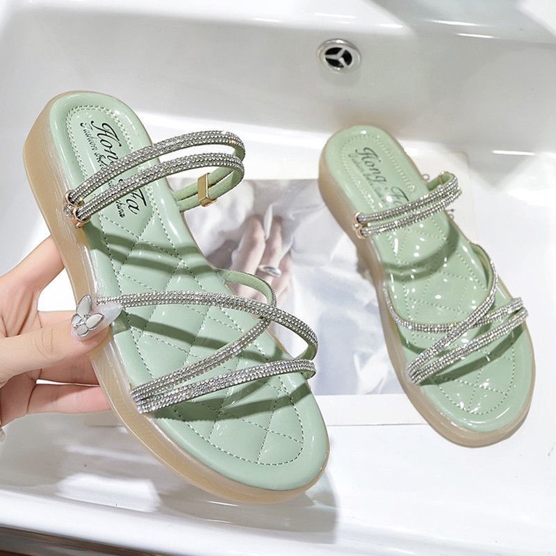 Two fairy style sandals for women 2022 new women's fashion slope heel Rhinestone tide versatile sandals for women to wear outside in summer