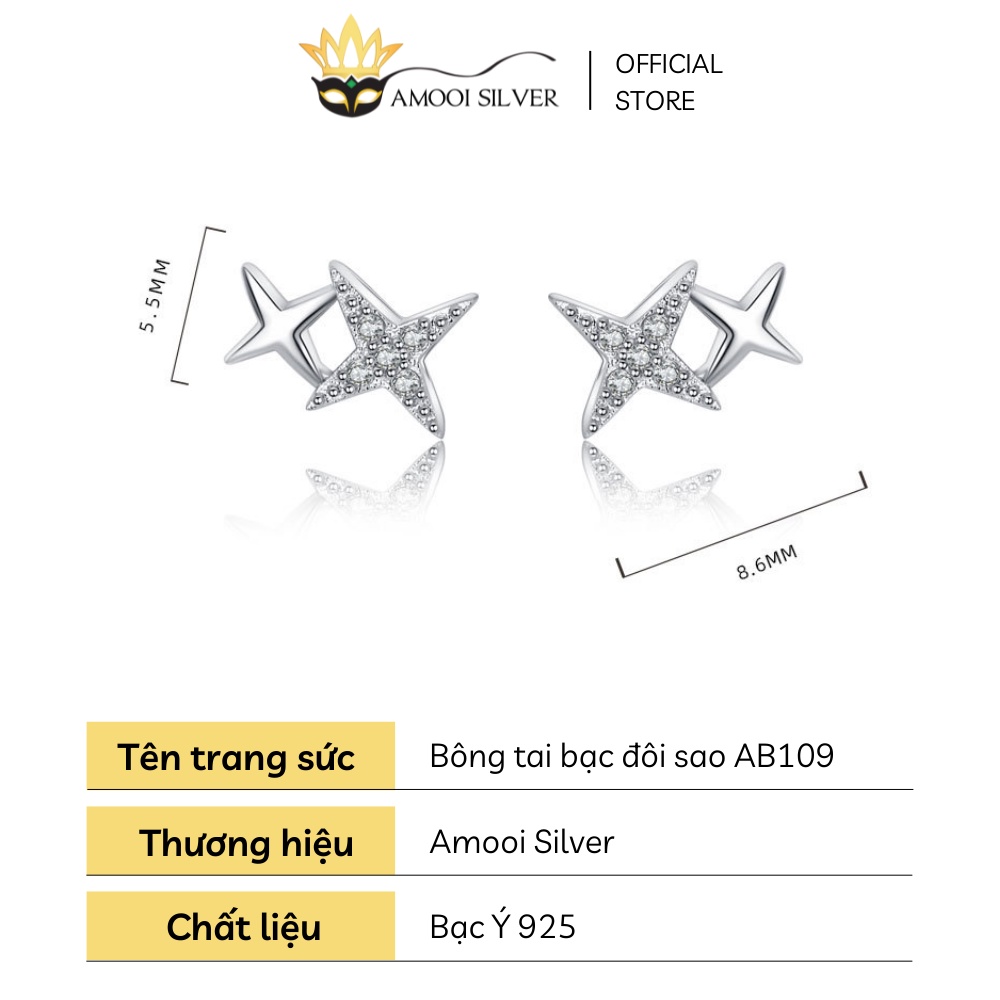 Bông Tai Bạc Cao Cấp S925 Mẫu Đôi Sao Đính Đá Cao Cấp - Amooi Silver AB109