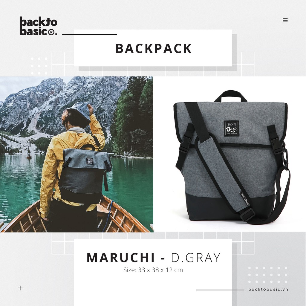 Balo 3 cách đeo Back To Basic - MARUCHI dây đeo tháo rời, có ngăn laptop, đai trợ lực
