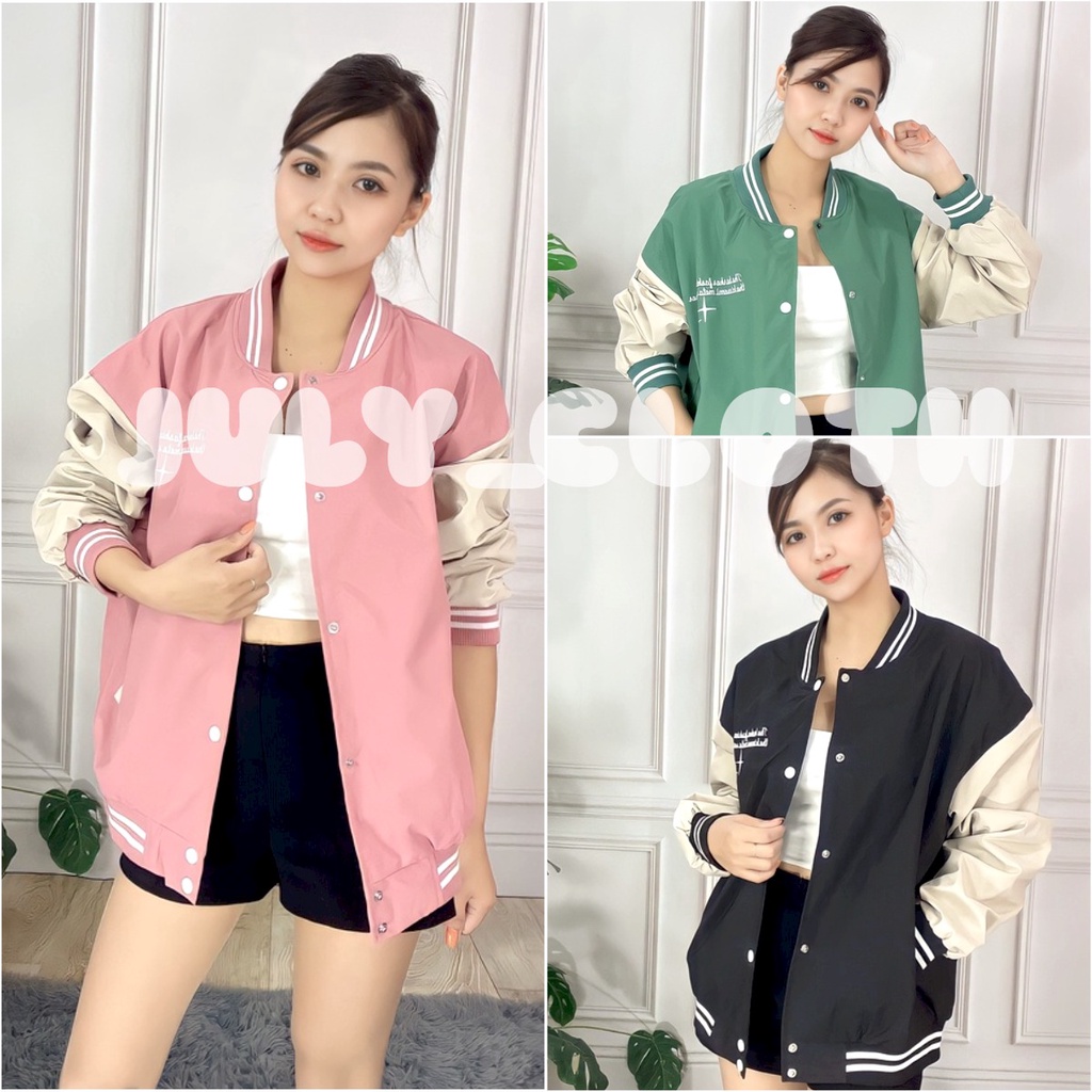 Áo Khoác Bomber Nam Nữ In Chữ ☘ Áo Khoác Varsity Cúc Bấm Tay Phối Kẻ Sọc 4 Màu ☘