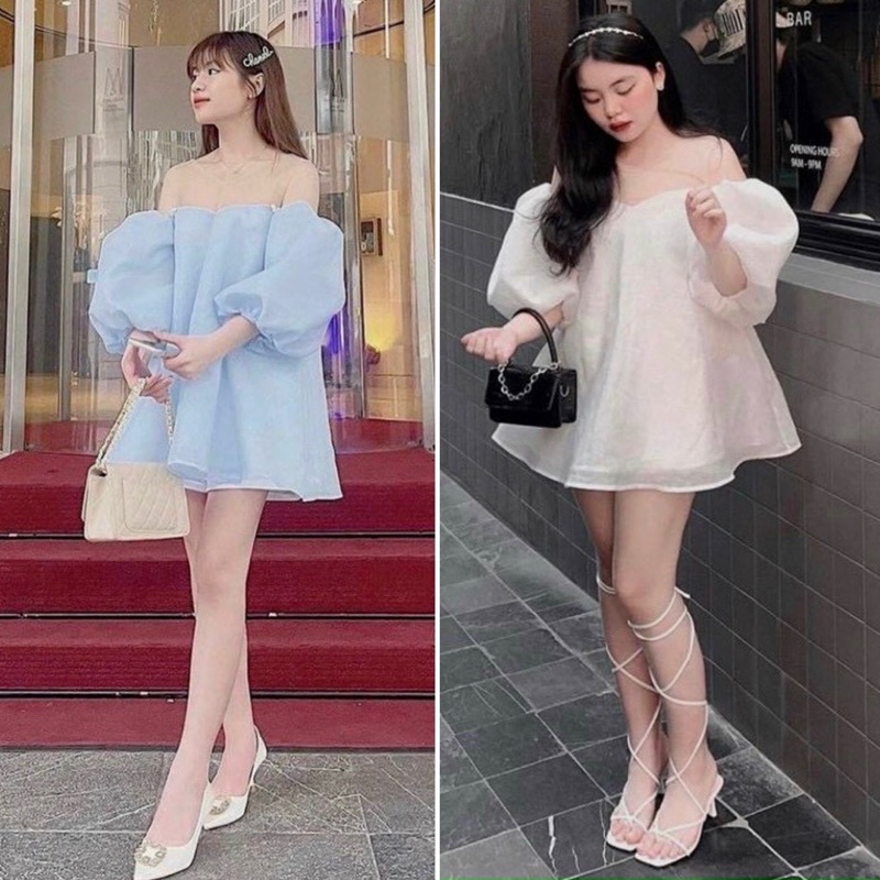 Set áo voan phồng trễ vai tay rớt vai với quần ngắn