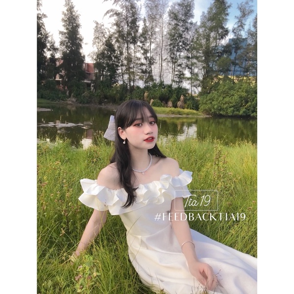 Váy trắng đệm trễ vai bèo Tia19 . Đầm rớt vai dự tiệc dáng xoè ( Ảnh thật) | BigBuy360 - bigbuy360.vn