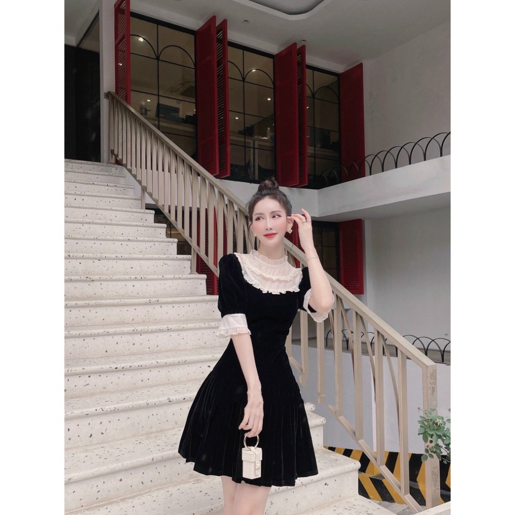 váy nhung phối tơ chân xòe dập ly hàng thiết kế cao cấp hs044