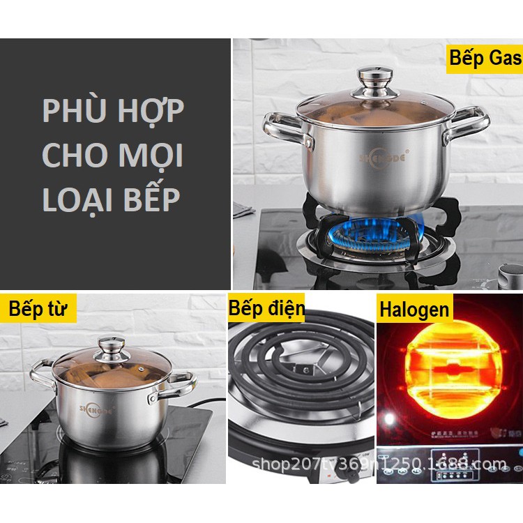 Nồi Inox Bếp Từ Nấu Canh Size 20cm [LOẠI DÀY] Kèm Nắp Vung Kính Cường Lực Màu Trà Sang Trọng, Hàng Chất Lượng