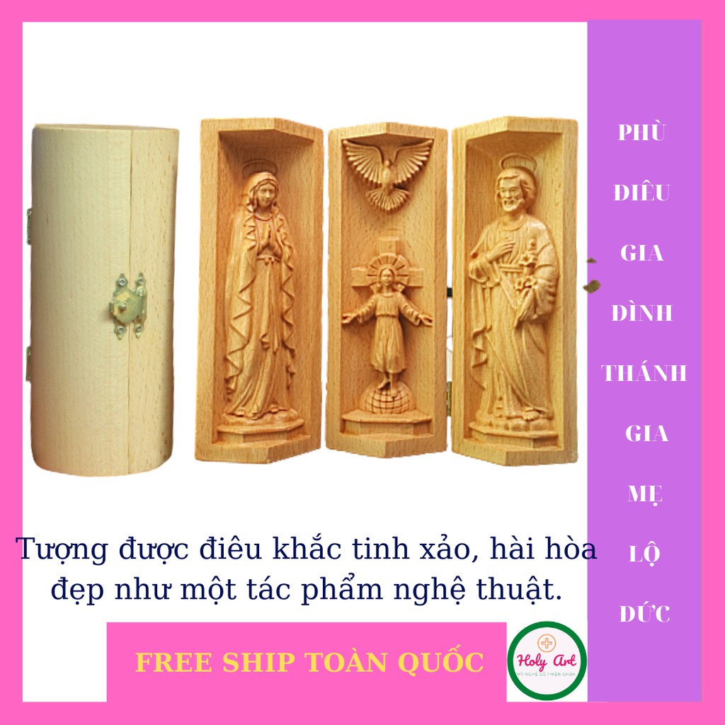 Tượng Mẹ Lộ Đức GIA ĐÌNH CHÚA BẰNG GỖ  THÁNH CẢ GIU SE-MẸ LỘ ĐỨC-CHÚA CON