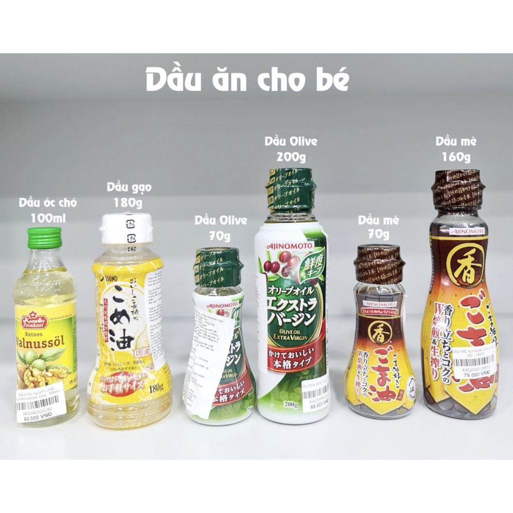 Dầu mè, olive, óc chó, dầu gạo cho bé ăn dặm 70g/100g/180g