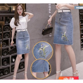 Chân váy Jean nữ cao cấp thiết kế thêu hoạ tiết muông thú phong cách NV0355