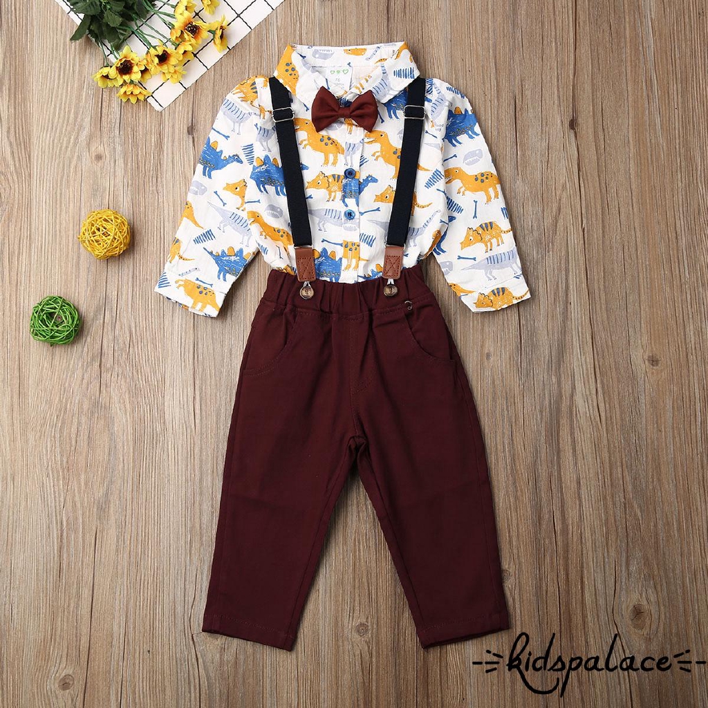 ➤♕❀❤Baby Boy Cartoon Dinosaur Print Bowtie Romper and Strap Trousers Set Infant Long Sleeve Jumpsuit Bib Pants Two