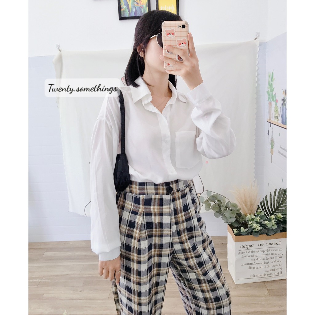 SET 3 MÓN BLAZER + SƠ MI TRẮNG + QUẦN ỐNG SUÔNG KẺ CARO (ảnh thật 100%/sẵn/video)