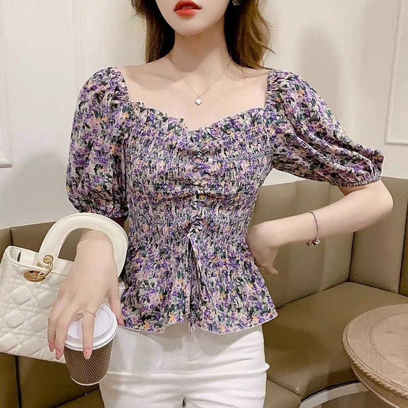Áo von hoa chun ngực tay lỡ, áo kiểu nữ cổ vuông hàng Quảng Châu cao cấp