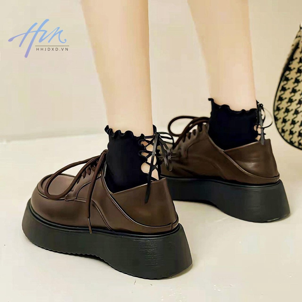 Giày Da Mũi Tròn Đế Dày Buộc Dây Kiểu Anh Thời Trang Xuân Hè 2022 Cho Bạn Gái