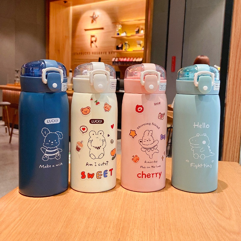 Bình nước giữ nhiệt 800 -1000 ml, có ông hút + ticker trang trí cute
