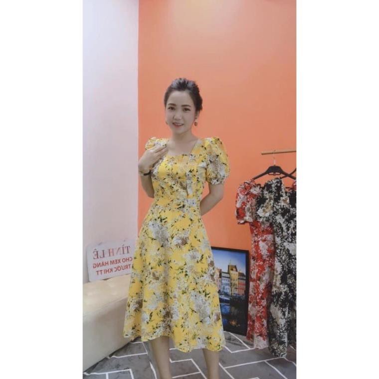 [Ảnh + Video Thật] Đầm Xoè Hoa Ngắn Tay Cổ Vuông Chất Lụa Hàn Siêu Mát, Váy Hoa Trung Niên Đen Đỏ Vàng 45-75kg  ཾ