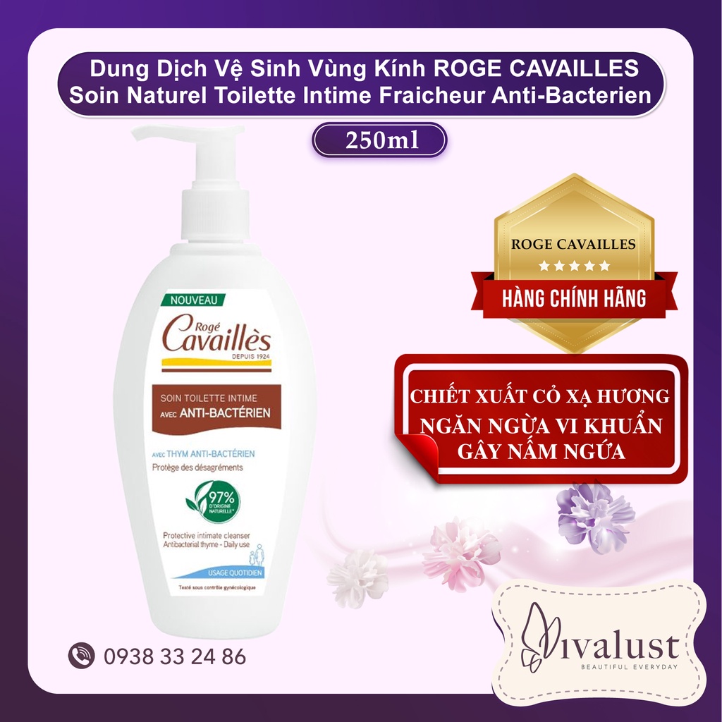 Dung Dịch Vệ Sinh Roge Cavailles Soin Naturel Toilette Intime Anti-Bacterien (250ml)- ngăn ngừa vi khuẩn gây nấm ngứa
