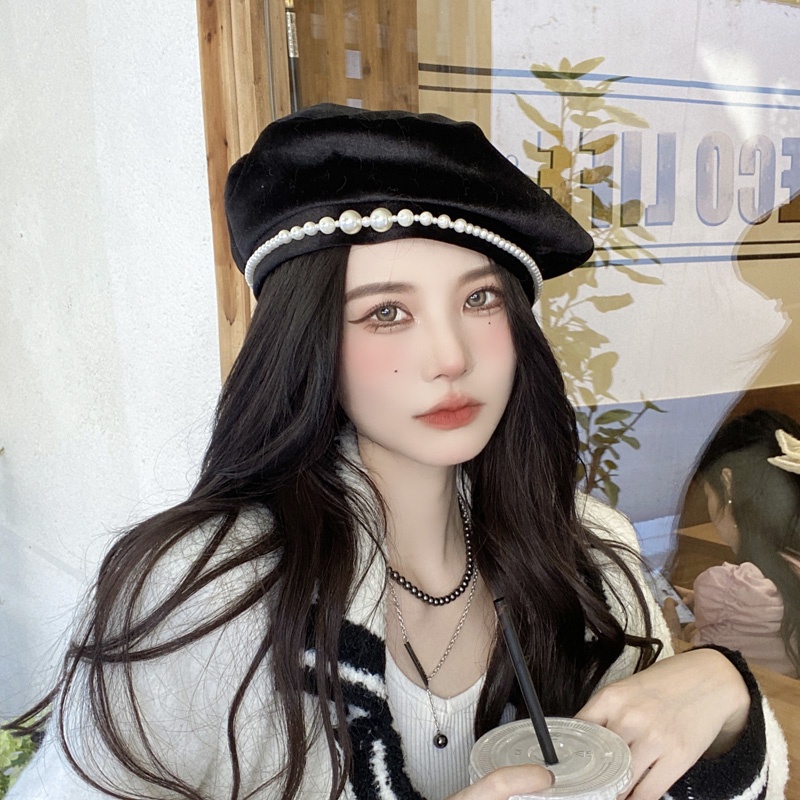 Mũ nồi beret đính hạt ngọc trai nhân tạo phong cách Hàn Quốc thanh lịch thời trang mùa thu dễ phối đồ dành cho nữ