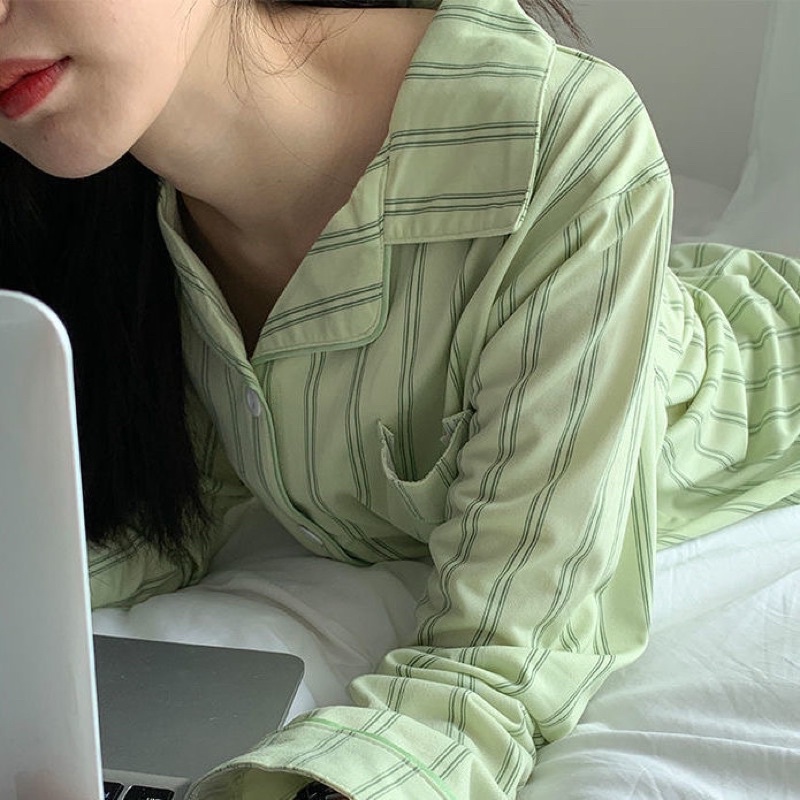 Đồ ngủ pijama bộ ngủ dài tay kẻ sọc xanh lá đồ mặc nhà hè thu đông Hàn Quốc ullzang