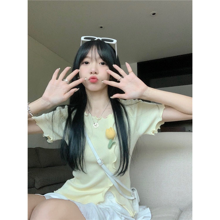 Áo sweater dệt kim Xiaozhainv tay ngắn in hoa phong cách Hàn Quốc có 3 màu lựa chọn thời trang cho nữ