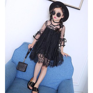 Váy ren bé gái sành điệu, 2 màu đen và rêu (Sz: 110 - 160)