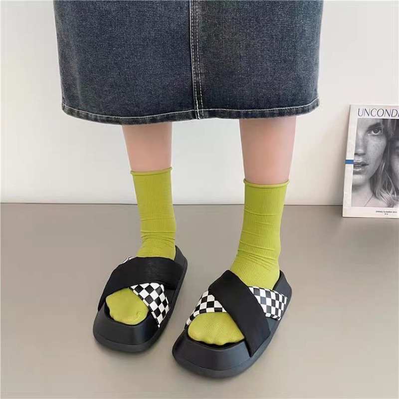 Dép Slipper Canvas Quai Chéo Chữ X Họa Tiết Checkerboard Vintage Kẻ Ô Caro