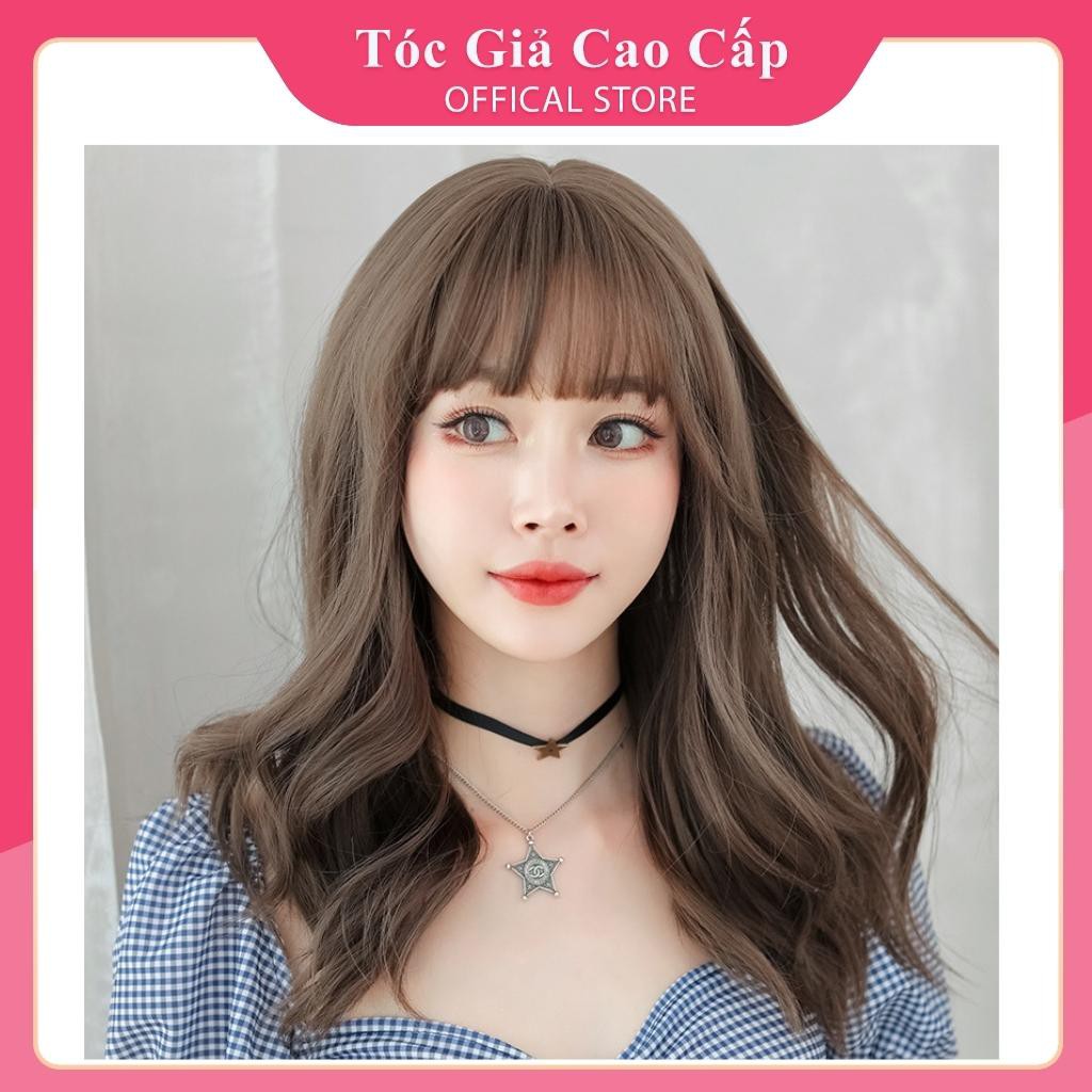 Tóc giả nữ nguyên đầu xoăn dợn kiểu hàn màu nâu lạnh hót, tặng kèm lưới trùm tóc wig, T60F