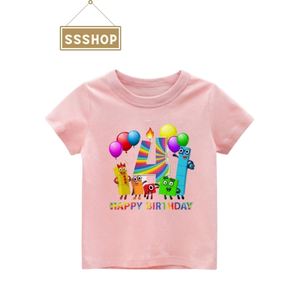 Áo thun trẻ em💖Áo cotton mát mịn họa tiết Hoạt Hình NumberBlock Chúc Mừng Sinh Nhật cho bé 2 3 4 5 6 Tuổi - Hồng