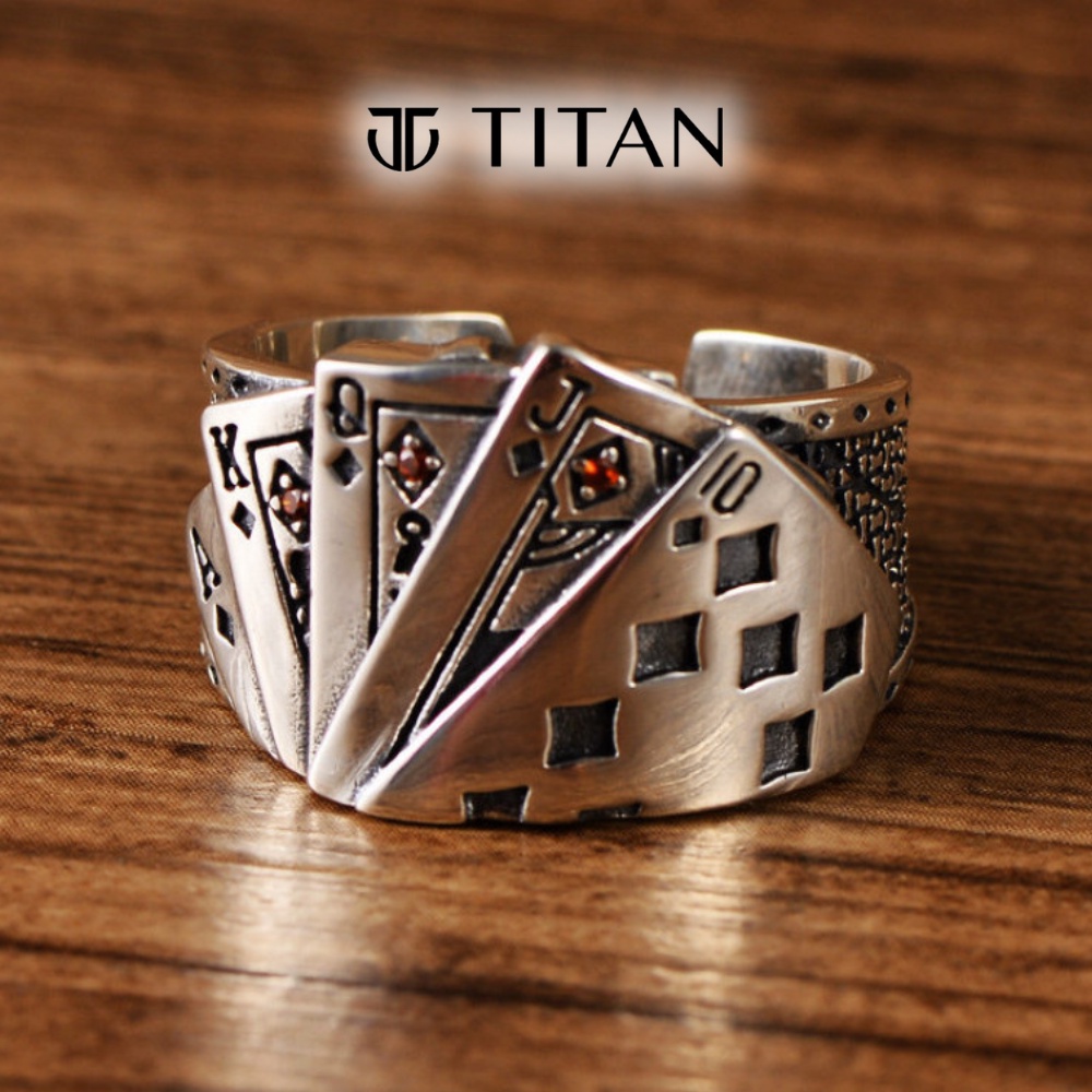 Nhẫn nam nữ Thần Bài, nhẫn họa tiết unisex freesize Titan Shop, ring bộ bài sảnh tiến JQKA màu bạc thời trang không gỉ