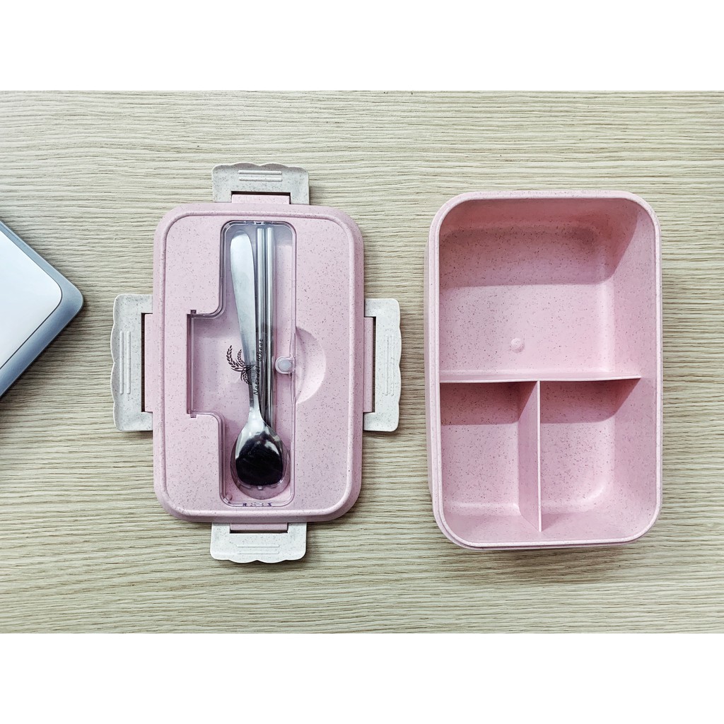 Combo Hộp cơm lúa mạch 3 ngăn kèm  thìa kèm đũa inox  + Túi đựng hộp cơm giữ nhiệt khóa kéo | BigBuy360 - bigbuy360.vn