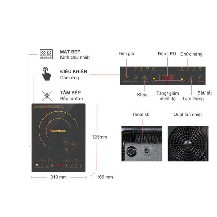 [CHÍNH HÃNG] BẾP TỪ ĐƠN CẢM ỨNG SUNHOUSE SHD6800 2000W - 8 CHẾ ĐỘ NẤU - HẸN GIỜ