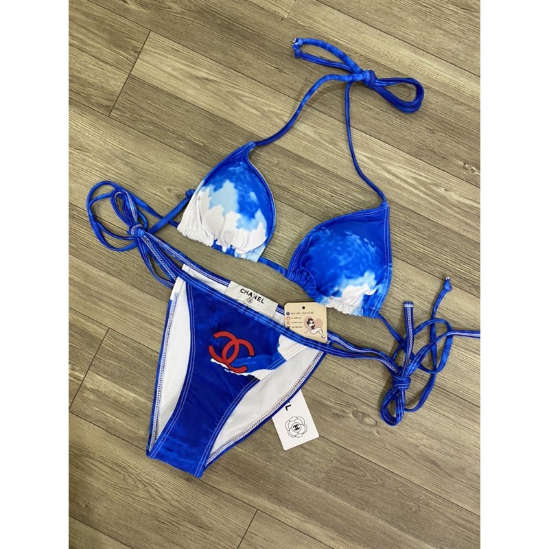 [BKN1002] &lt;BRAND&gt; SET BIKINI TRIANGLE CNL XANH LOANG TRẮNG