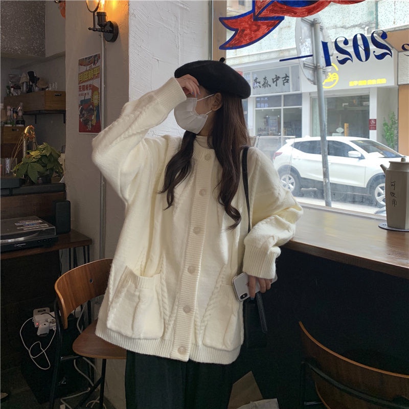 Áo Khoác Cardigan Dệt Kim Dáng Rộng Dày Dặn Ấm Áp Thời Trang Cho Nữ